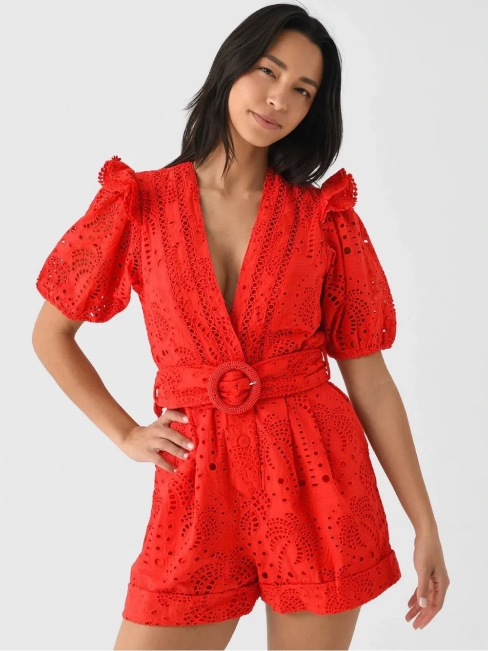 FARM Rio Red Eyelet Belted V-Neck Romper size Large
